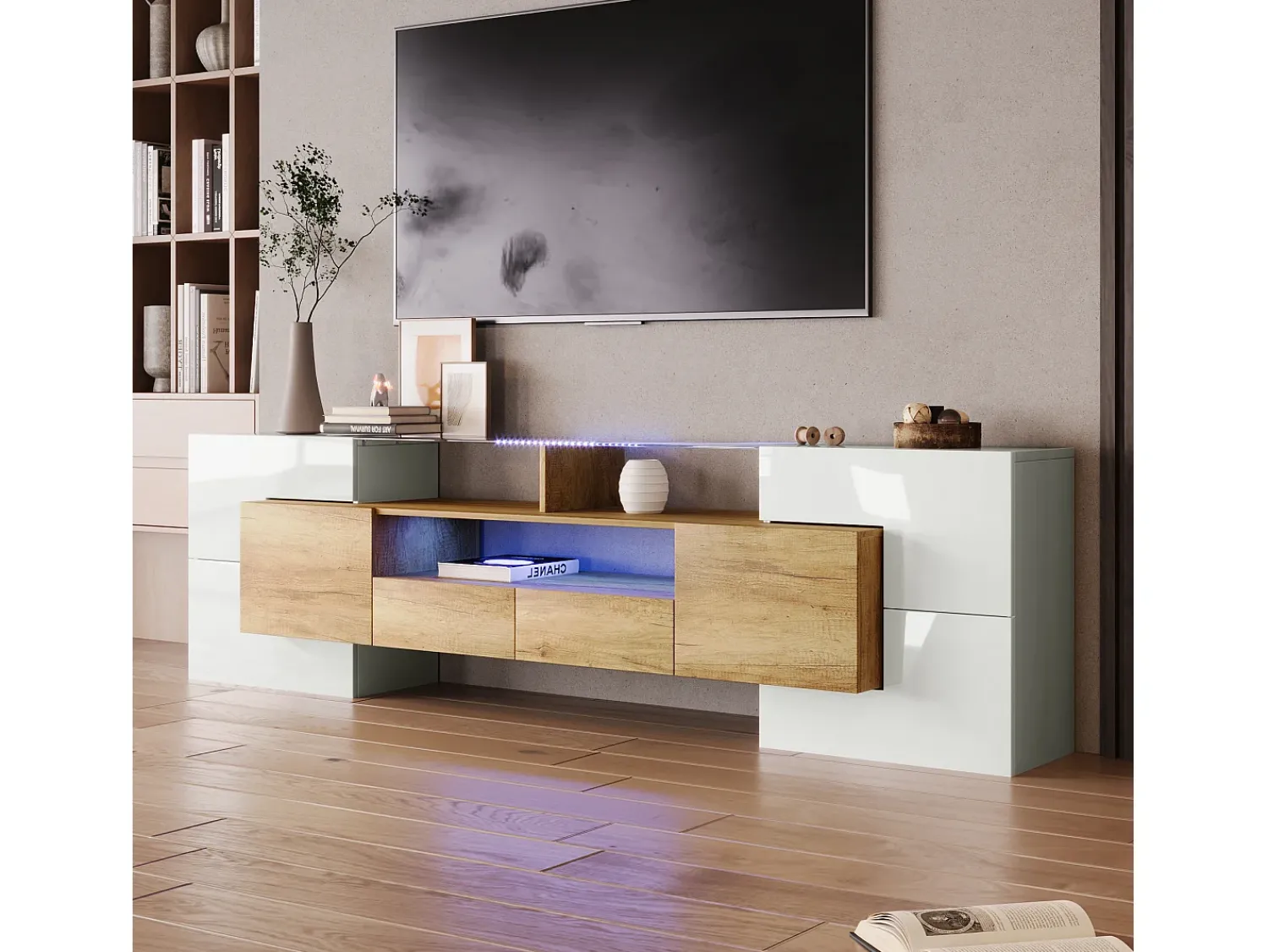 Clearance Merax Móvel de TV moderno com 4 portas, 2 gavetas e 2 nichos - Aspecto branco brilhante - LEDs - Comprimento 200cm - Cor carvalho Natural claro