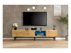 Móvel De Tv| Móvel de TV moderno com acabamento em madeira e luzes LED com cores ajustáveis, 175 (C) x 31 (L) x 41 (A) cm Laranja claro
