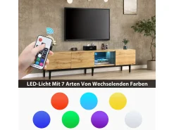 Móvel De Tv| Móvel de TV moderno com acabamento em madeira e luzes LED com cores ajustáveis, 175 (C) x 31 (L) x 41 (A) cm Laranja claro