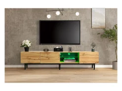Móvel De Tv| Móvel de TV moderno com acabamento em madeira e luzes LED com cores ajustáveis, 175 (C) x 31 (L) x 41 (A) cm Laranja claro