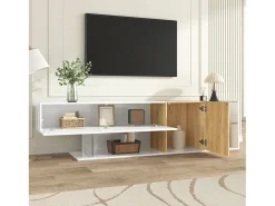 Merax Móvel de TV moderno com alto brilho - 180 x 38 x 48 cm - aparência de madeira + prateleiras de vidro + 2 portas - aglomerado -^ Móvel De Tv