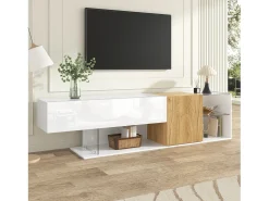 Merax Móvel de TV moderno com alto brilho - 180 x 38 x 48 cm - aparência de madeira + prateleiras de vidro + 2 portas - aglomerado -^ Móvel De Tv