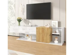 Merax Móvel de TV moderno com alto brilho - 180 x 38 x 48 cm - aparência de madeira + prateleiras de vidro + 2 portas - aglomerado -^ Móvel De Tv