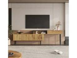 Móvel De Tv* Móvel de TV moderno com design em mármore e grão de madeira - Borda em PVC, pernas em ferro, cor madeira escura - 129x30x58cm Natural claro