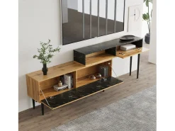Móvel De Tv* Móvel de TV moderno com design em mármore e grão de madeira - Borda em PVC, pernas em ferro, cor madeira escura - 129x30x58cm Natural claro