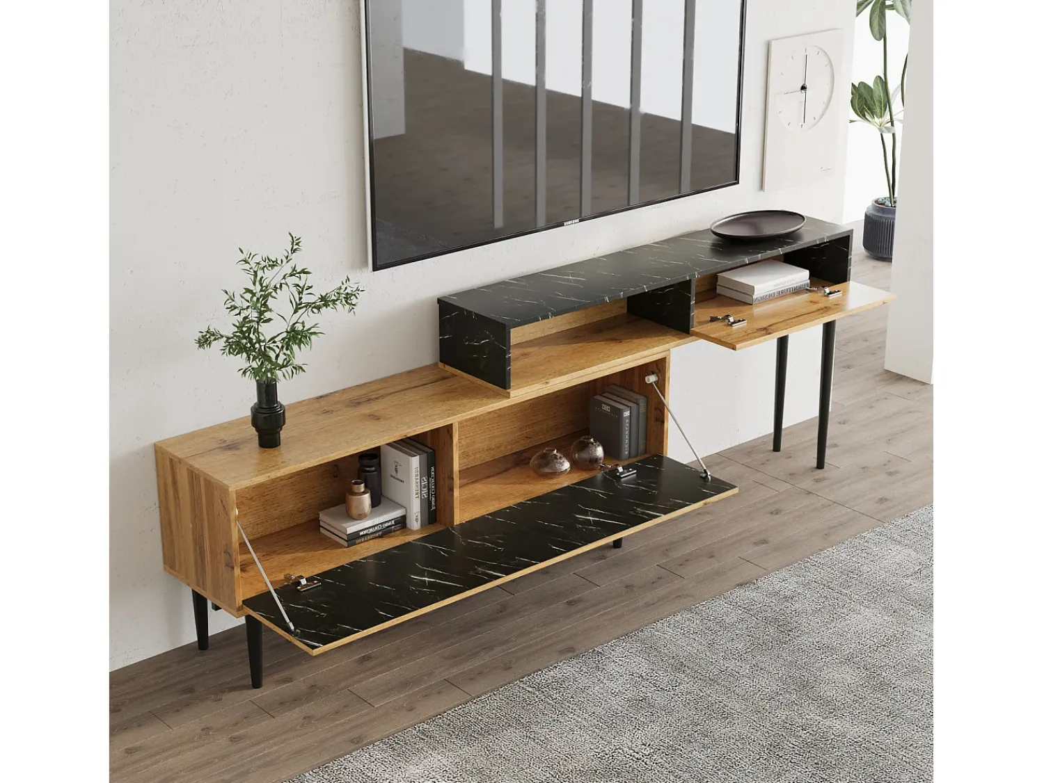 Móvel De Tv* Móvel de TV moderno com design em mármore e grão de madeira - Borda em PVC, pernas em ferro, cor madeira escura - 129x30x58cm Natural claro