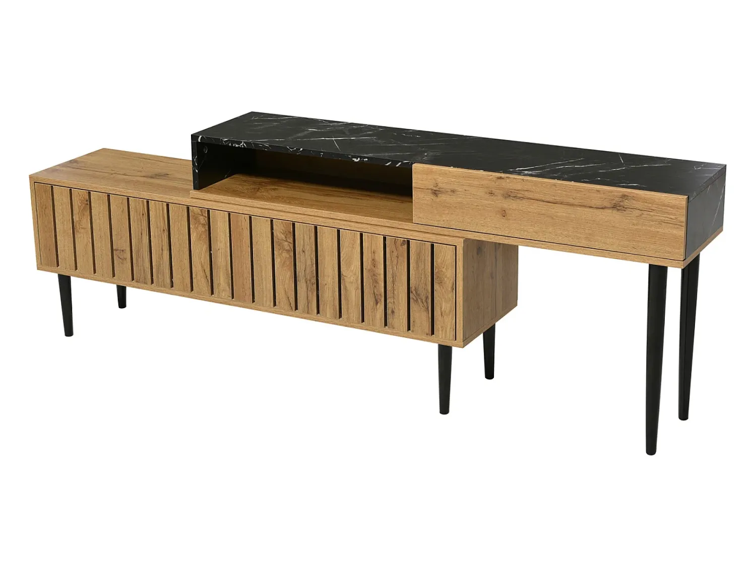 Móvel De Tv* Móvel de TV moderno com design em mármore e grão de madeira - Borda em PVC, pernas em ferro, cor madeira escura - 129x30x58cm Natural claro