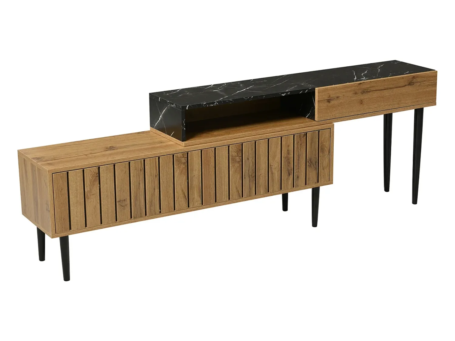 Móvel De Tv* Móvel de TV moderno com design em mármore e grão de madeira - Borda em PVC, pernas em ferro, cor madeira escura - 129x30x58cm Natural claro