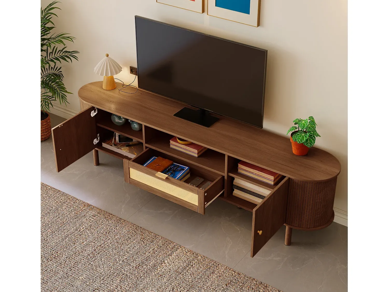 Móvel De Tv|Hauss Spole Móvel de TV moderno com gaveta em rattan e 2 portas - Pés em metal - Castanho