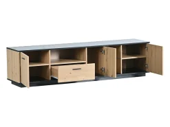 Móvel De Tv* Móvel de TV moderno com gaveta, três portas e duas prateleiras de vidro - cor natural, 180 x 40 x 45 cm Preto