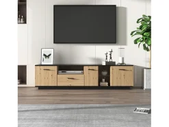 Móvel De Tv* Móvel de TV moderno com gaveta, três portas e duas prateleiras de vidro - cor natural, 180 x 40 x 45 cm Preto