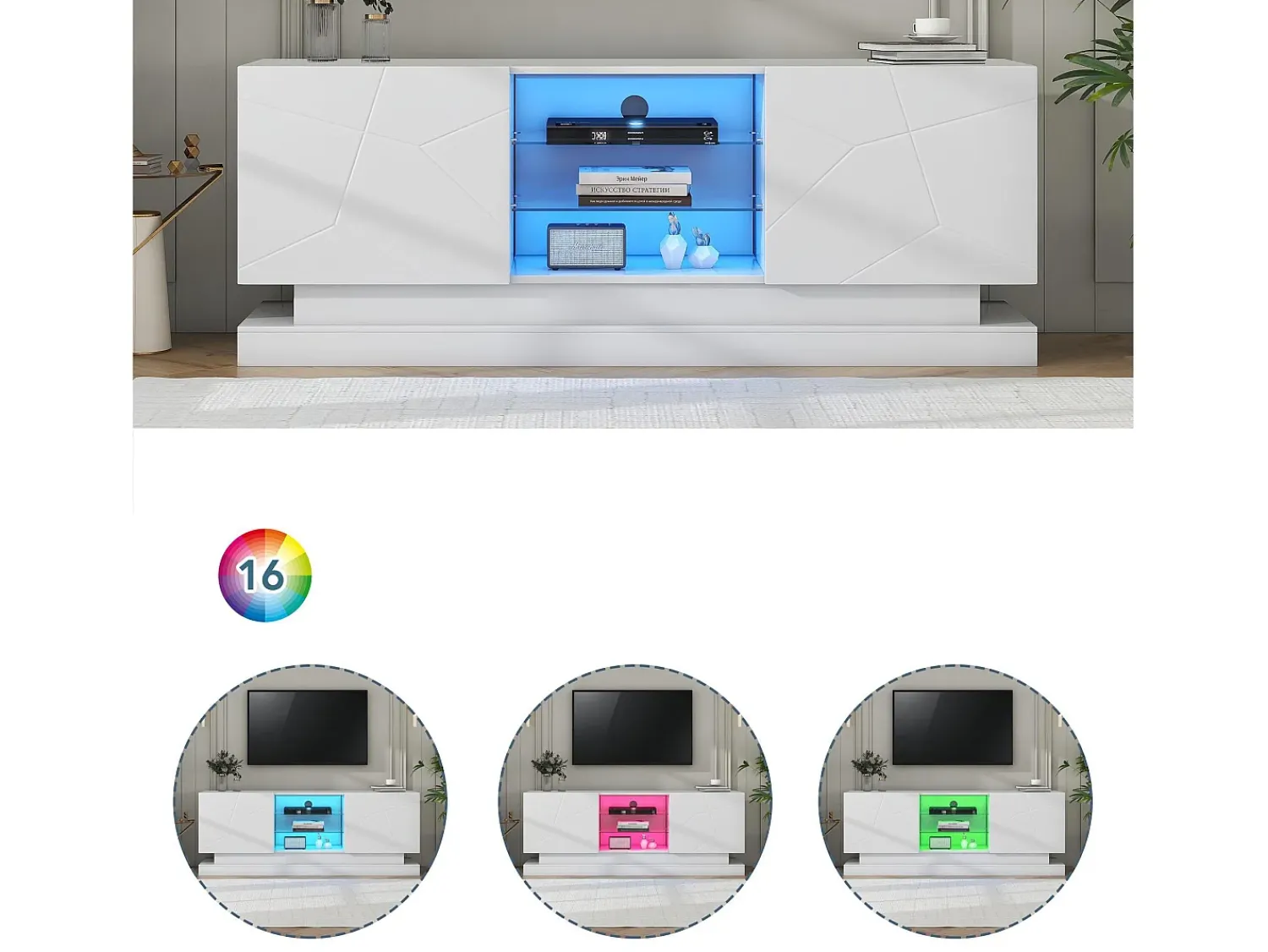 Online ModernLuxe Móvel de TV moderno com LED colorido - adequado para TV de 70" - 2 portas e 3 prateleiras - Branco