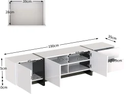 Móvel De Tv*ModernLuxe Móvel de TV moderno de 190 cm com 3 portas e 2 gavetas - brilhante e preto Branco