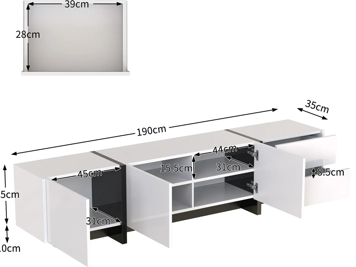 Móvel De Tv*ModernLuxe Móvel de TV moderno de 190 cm com 3 portas e 2 gavetas - brilhante e preto Branco