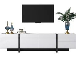 Móvel De Tv*ModernLuxe Móvel de TV moderno de 190 cm com 3 portas e 2 gavetas - brilhante e preto Branco