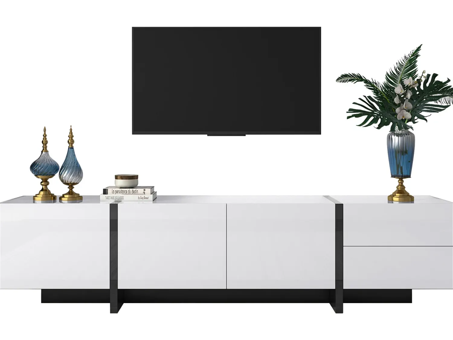 Móvel De Tv*ModernLuxe Móvel de TV moderno de 190 cm com 3 portas e 2 gavetas - brilhante e preto Branco