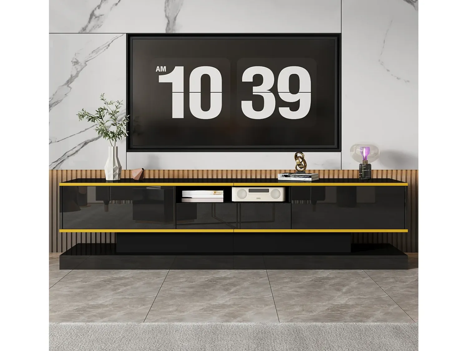 Móvel De Tv| Móvel de TV moderno de 180 x 38 x 45 cm, com três gavetas e um compartimento aberto, com iluminação LED, . Preto