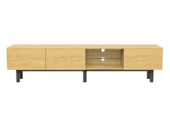 Móvel De Tv| Móvel de TV moderno de 175x31x41 cm com iluminação LED, em madeira com portas e compartimento, nas cores preto e madeira. Natural claro