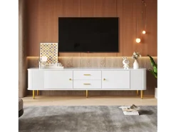 Discount Móvel de TV moderno e baixo com gavetas, laterais onduladas, bordas arredondadas, puxadores e pés dourados. Branco