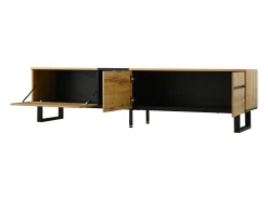 Móvel de TV moderno e baixo de 180 cm com compartimento rebatível, compartimentos abertos e portas duplas.^ Móvel De Tv