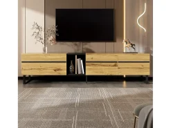 Outlet Merax Móvel de TV moderno e baixo - 180 x 38 x 45 cm - com 3 portas + prateleiras abertas - aglomerado - cor natural Natural claro