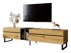 Outlet Merax Móvel de TV moderno e baixo - 180 x 38 x 45 cm - com 3 portas + prateleiras abertas - aglomerado - cor natural Natural claro