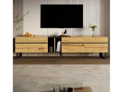 Outlet Merax Móvel de TV moderno e baixo - 180 x 38 x 45 cm - com 3 portas + prateleiras abertas - aglomerado - cor natural Natural claro