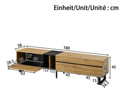 Outlet Merax Móvel de TV moderno e baixo - 180 x 38 x 45 cm - com 3 portas + prateleiras abertas - aglomerado - cor natural Natural claro