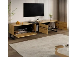 Outlet Merax Móvel de TV moderno e baixo - 180 x 38 x 45 cm - com 3 portas + prateleiras abertas - aglomerado - cor natural Natural claro