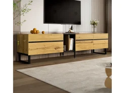 Outlet Merax Móvel de TV moderno e baixo - 180 x 38 x 45 cm - com 3 portas + prateleiras abertas - aglomerado - cor natural Natural claro
