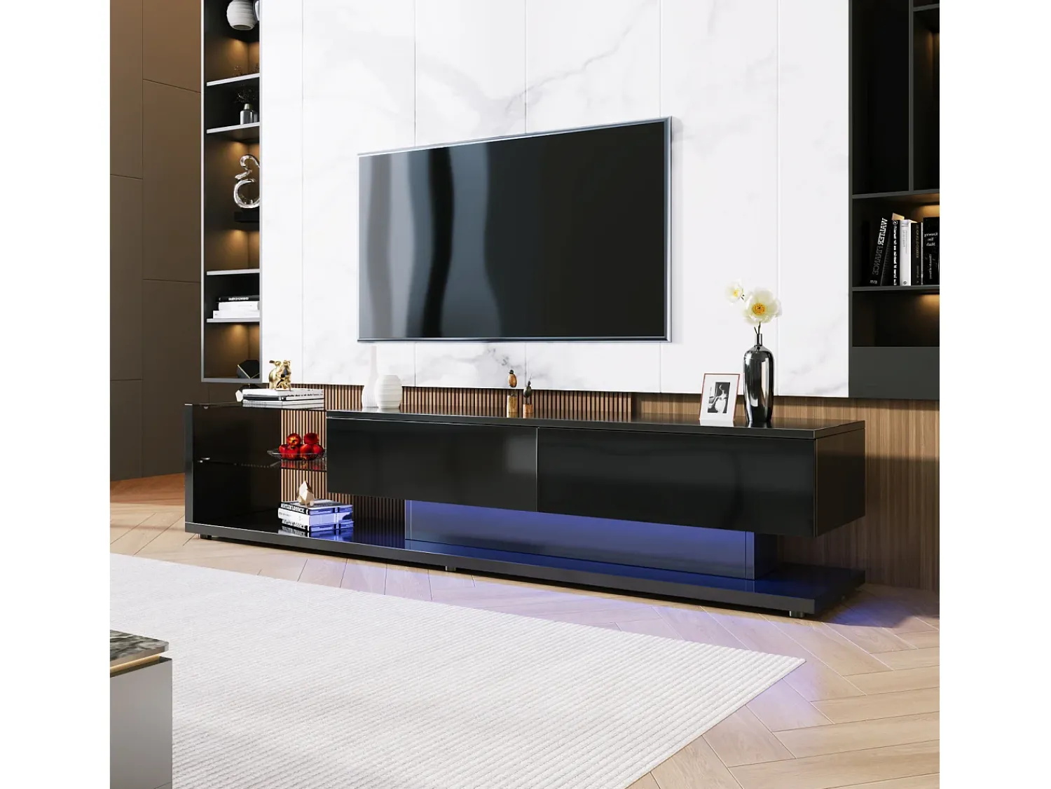 Sale Móvel de TV moderno e brilhante 170x38x36cm, divisórias em vidro e iluminação LED variável, estilo natural e rústico, Preto
