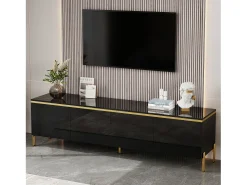 Móvel De Tv|Merax Móvel de TV moderno e brilhante - 170 x 38 x 50 cm - com 4 portas e bordas douradas - aglomerado - Preto