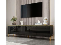 Móvel De Tv|Merax Móvel de TV moderno e brilhante - 170 x 38 x 50 cm - com 4 portas e bordas douradas - aglomerado - Preto