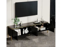 Móvel De Tv|Merax Móvel de TV moderno e brilhante - 170 x 38 x 50 cm - com 4 portas e bordas douradas - aglomerado - Preto