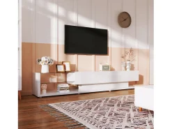 Móvel de TV moderno e brilhante 170x38x36cm, divisórias em vidro e iluminação LED variável, estilo natural e rústico,^ Móvel De Tv