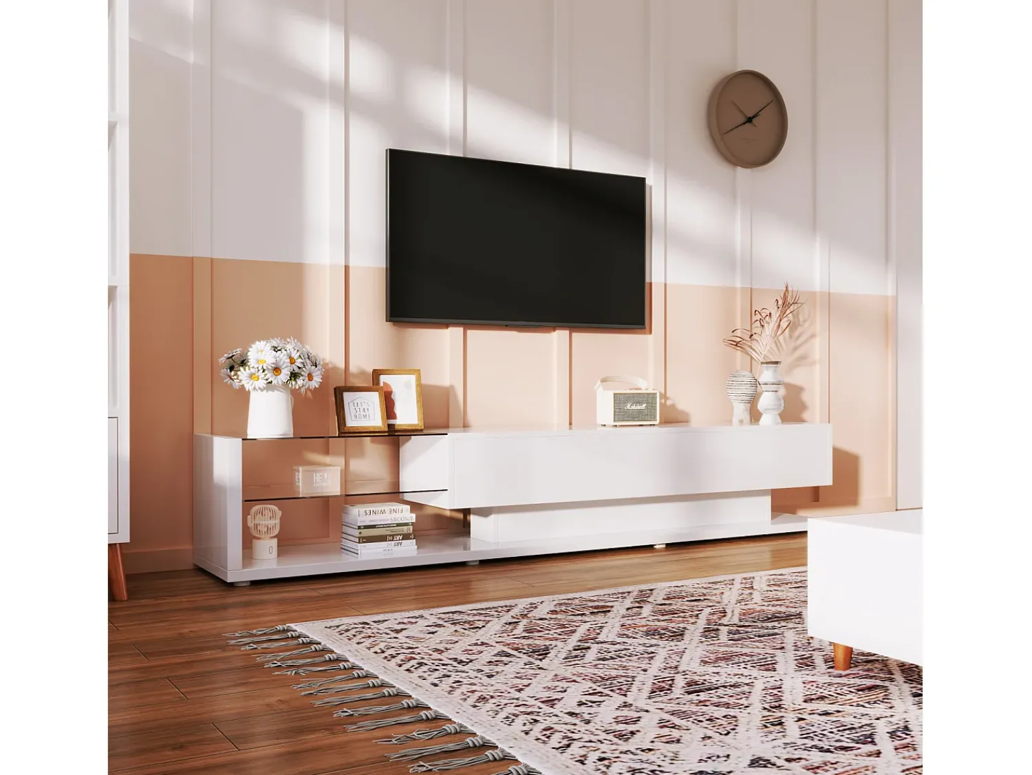 Móvel de TV moderno e brilhante 170x38x36cm, divisórias em vidro e iluminação LED variável, estilo natural e rústico,^ Móvel De Tv