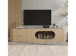 Merax Móvel de TV moderno e minimalista com acabamento imitando madeira - 172 x 38 x 45,5 cm - com 2 portas de vidro e 2 gavetas - MDF e vidro - cor natural clara^ Móvel De Tv