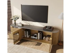 Merax Móvel de TV moderno e minimalista com acabamento imitando madeira - 172 x 38 x 45,5 cm - com 2 portas de vidro e 2 gavetas - MDF e vidro - cor natural clara^ Móvel De Tv