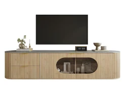Merax Móvel de TV moderno e minimalista com acabamento imitando madeira - 172 x 38 x 45,5 cm - com 2 portas de vidro e 2 gavetas - MDF e vidro - cor natural clara^ Móvel De Tv