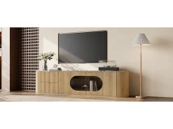 Merax Móvel de TV moderno e minimalista com acabamento imitando madeira - 172 x 38 x 45,5 cm - com 2 portas de vidro e 2 gavetas - MDF e vidro - cor natural clara^ Móvel De Tv