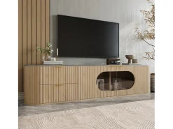 Merax Móvel de TV moderno e minimalista com acabamento imitando madeira - 172 x 38 x 45,5 cm - com 2 portas de vidro e 2 gavetas - MDF e vidro - cor natural clara^ Móvel De Tv