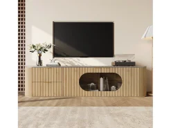Merax Móvel de TV moderno e minimalista com acabamento imitando madeira - 172 x 38 x 45,5 cm - com 2 portas de vidro e 2 gavetas - MDF e vidro - cor natural clara^ Móvel De Tv