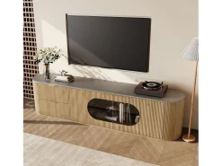 Merax Móvel de TV moderno e minimalista com acabamento imitando madeira - 172 x 38 x 45,5 cm - com 2 portas de vidro e 2 gavetas - MDF e vidro - cor natural clara^ Móvel De Tv