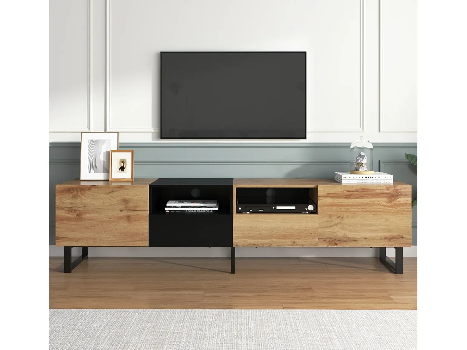 Móvel De Tv* Móvel de TV moderno em madeira maciça com design e madeira, móvel de TV com 2 portas e 2 gavetas Preto