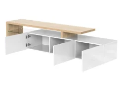 Móvel De Tv| Móvel de TV moderno em madeira e laca branca – iluminação LED, prateleiras de vidro, com espaço de armazenamento, 197 x 39 x 42 cm Branco