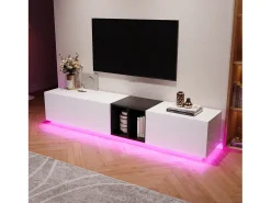 Móvel de TV moderno em preto e – com gavetas e prateleiras abertas, 190 x 40 x 35 cm, para sala de estar.^ Móvel De Tv