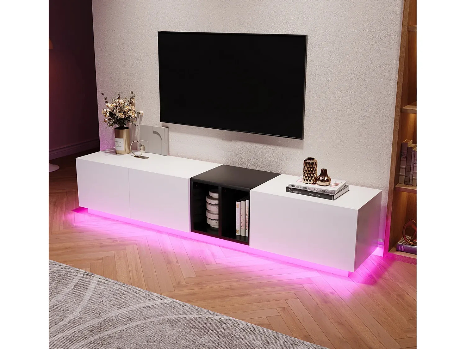 Móvel de TV moderno em preto e – com gavetas e prateleiras abertas, 190 x 40 x 35 cm, para sala de estar.^ Móvel De Tv