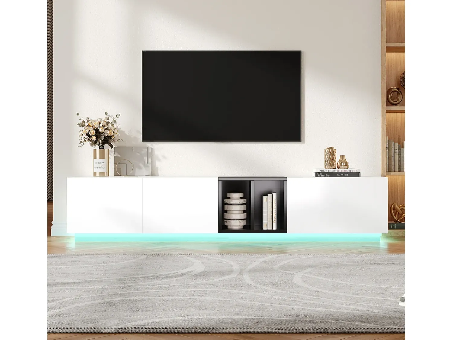 Móvel de TV moderno em preto e – com gavetas e prateleiras abertas, 190 x 40 x 35 cm, para sala de estar.^ Móvel De Tv