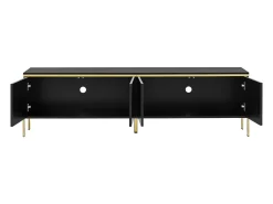 Móvel De Tv*ModernLuxe Móvel de TV moderno envernizado brilhante - 170x38x50 cm - 4 portas - Acabamentos dourados - Pés de metal - Preto