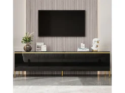 Móvel De Tv*ModernLuxe Móvel de TV moderno envernizado brilhante - 170x38x50 cm - 4 portas - Acabamentos dourados - Pés de metal - Preto